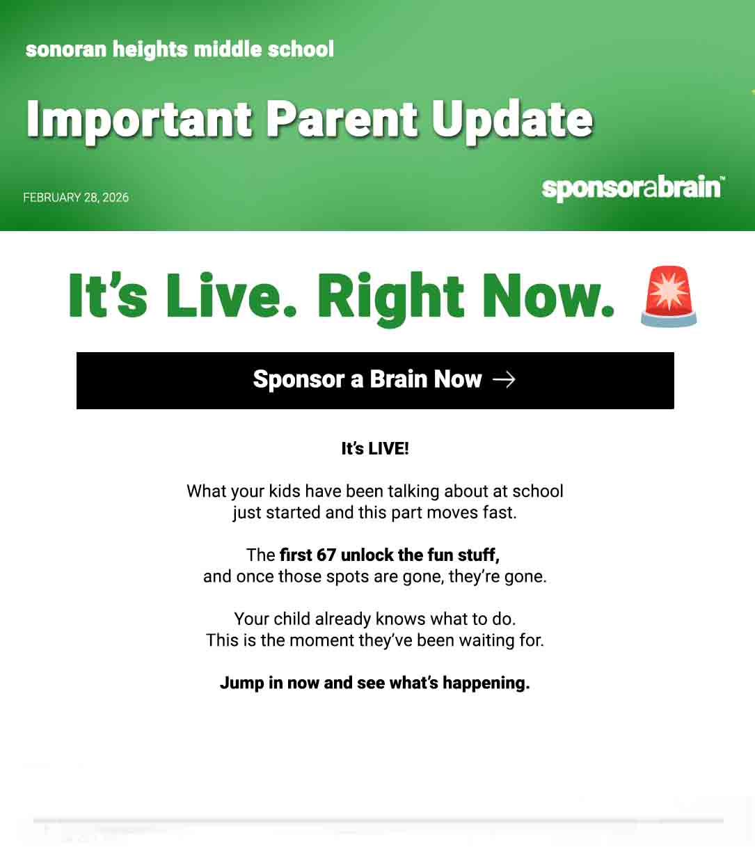 Important Parent Update - Sponsor A Brain