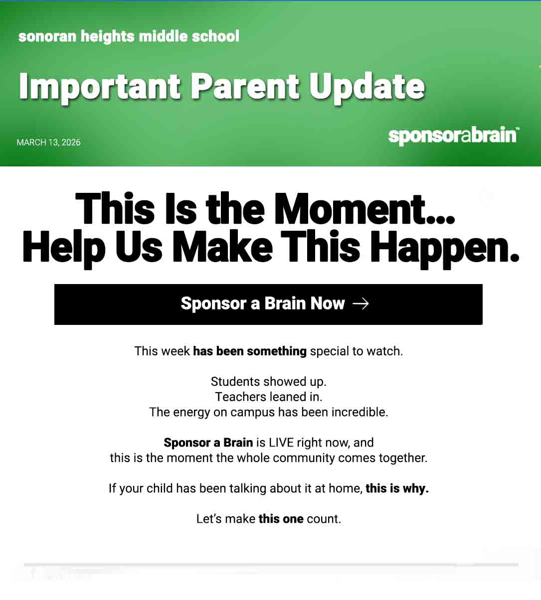 Important Parent Update - Sponsor A Brain